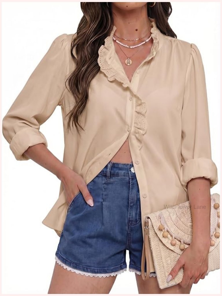 Dressy Casual Ruffle Lace Collared Long Sleeve Button Down Shirt Blouse
